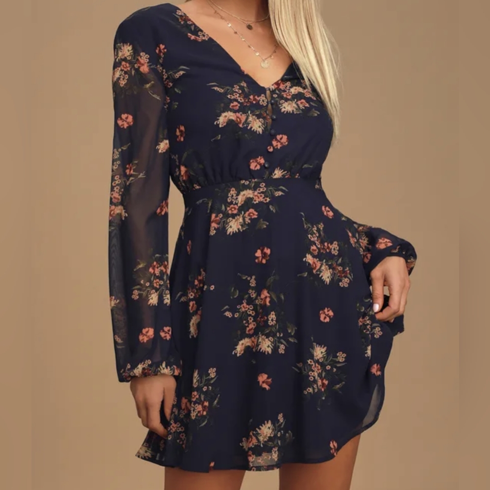 Lulu's Always Yours Navy Blue Floral Print Long Sleeve Skater Dress